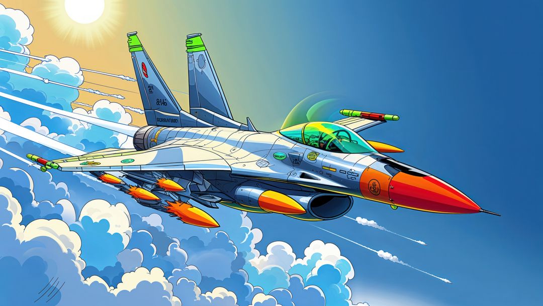 Soaring f16 fighter jet with missiles against vivid sky