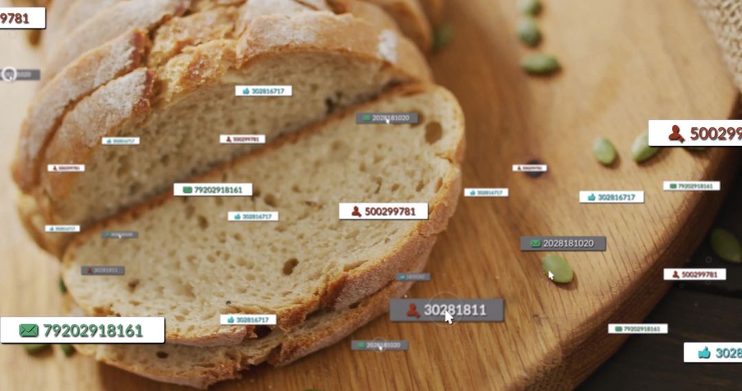 Rustic Artisan Bread with Digital Tags on Wooden Board