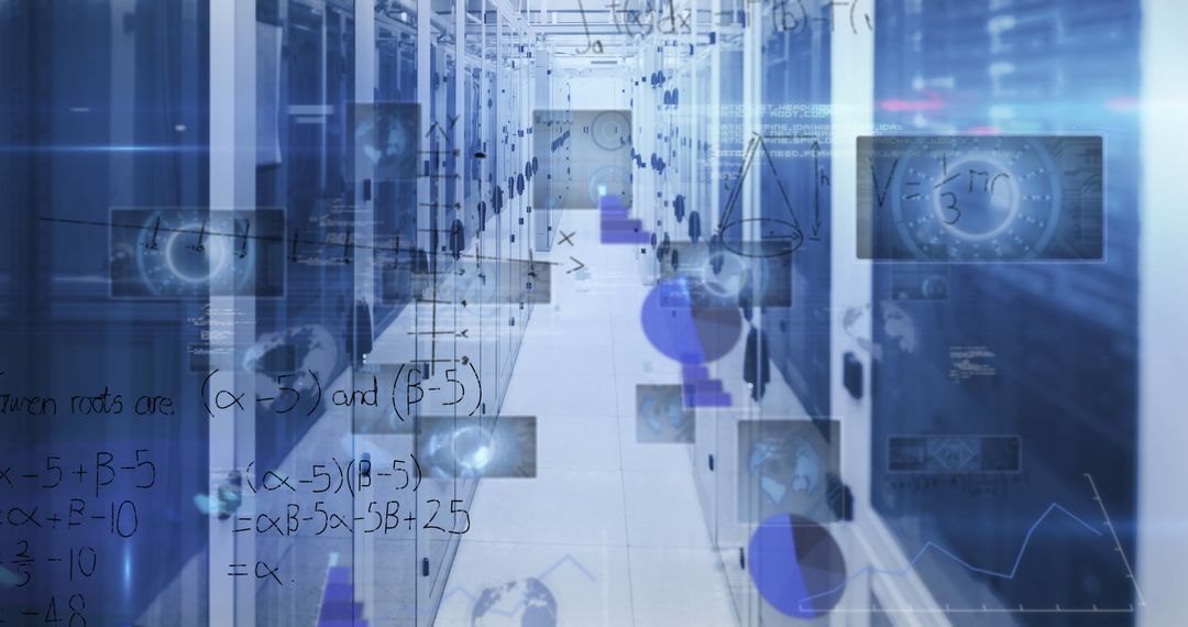 Digital Interface Overlay in Server Room for Global Data Processing - Free Images, Stock Photos and Pictures on Pikwizard.com