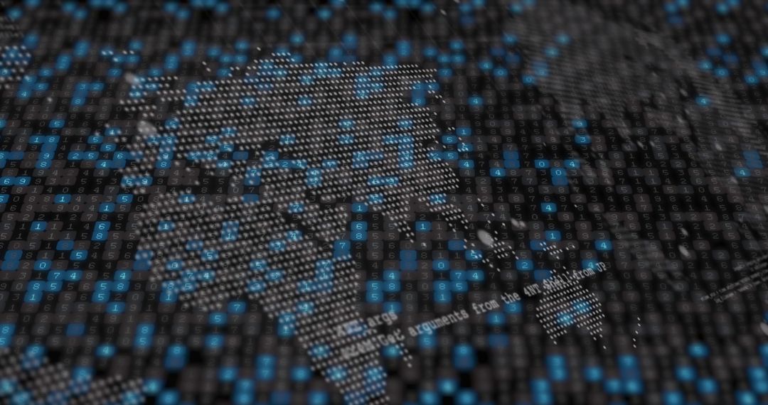 Binary code on world map illustrating global data connectivity