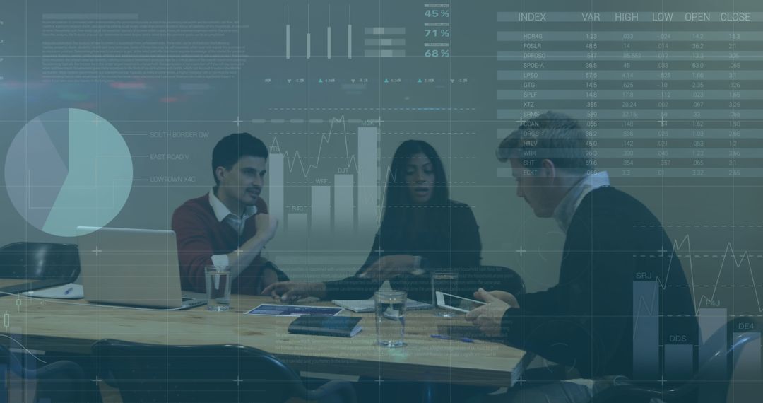 Diverse Team Discussing Reports with Digital Data Overlays