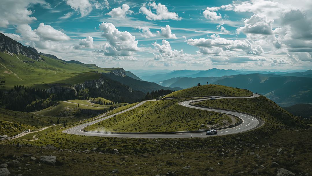 Winding Mountain Pass Road Under Cloudy Skies with Scenic View
