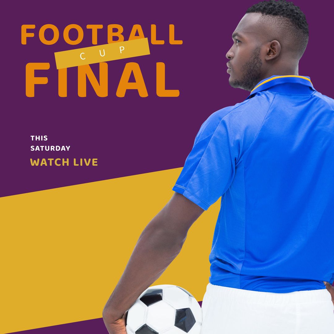 Football Player Prepares for Cup Final with Ball and Exciting Text Overlay