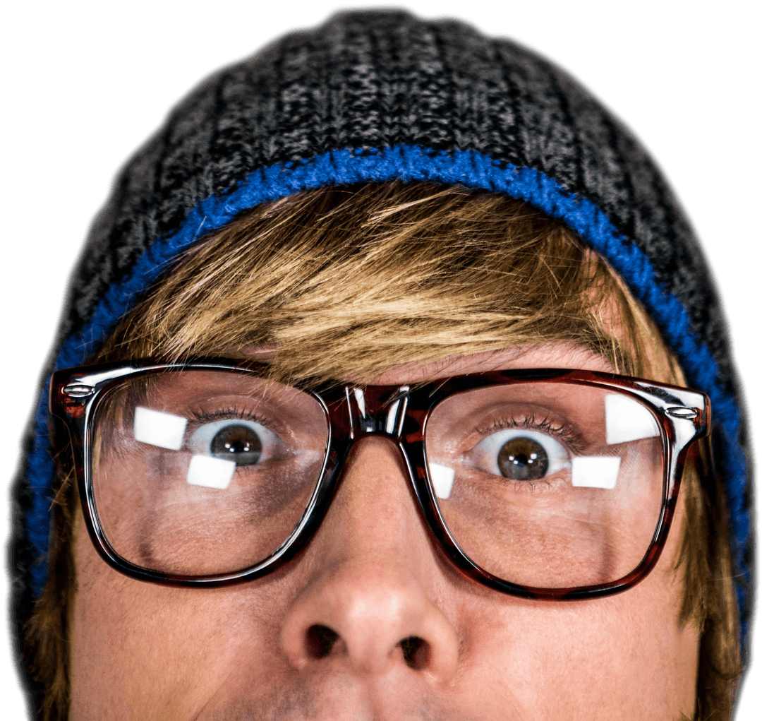 Close-Up of Surprised Hipster Man with Glasses on Transparent Background