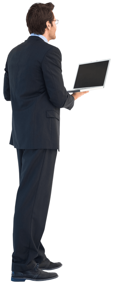 Transparent Businessman Standing Using Laptop Back View Isolated