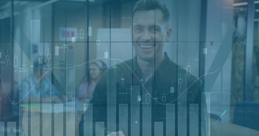 Smiling Professional with Transparent Financial Graph Overlay