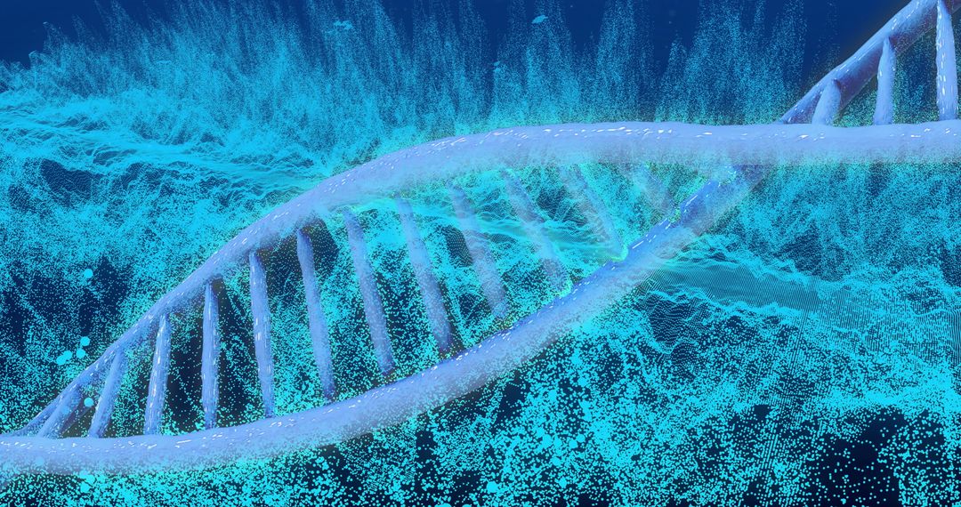 3D DNA Strand Amidst Digital Binary Code and Blue Light Waves