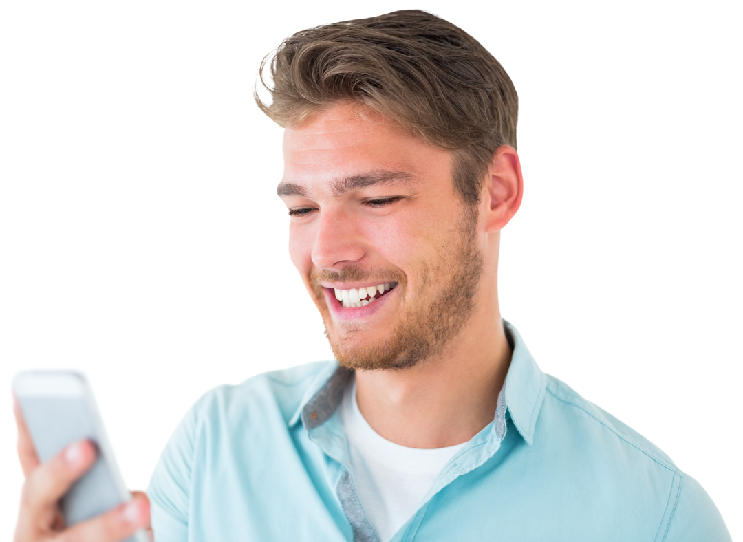 Young Man Using Smartphone Smiling on Transparent Background - Download Free Stock Images Pikwizard.com