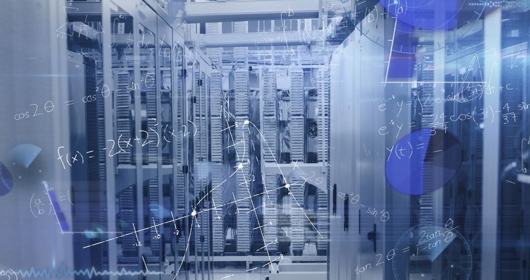 Mathematical Equations Overlaying High-Tech Data Server Room