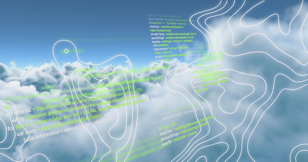 Digital Code Overlay on Cloudscape: Futuristic Technology Concept
