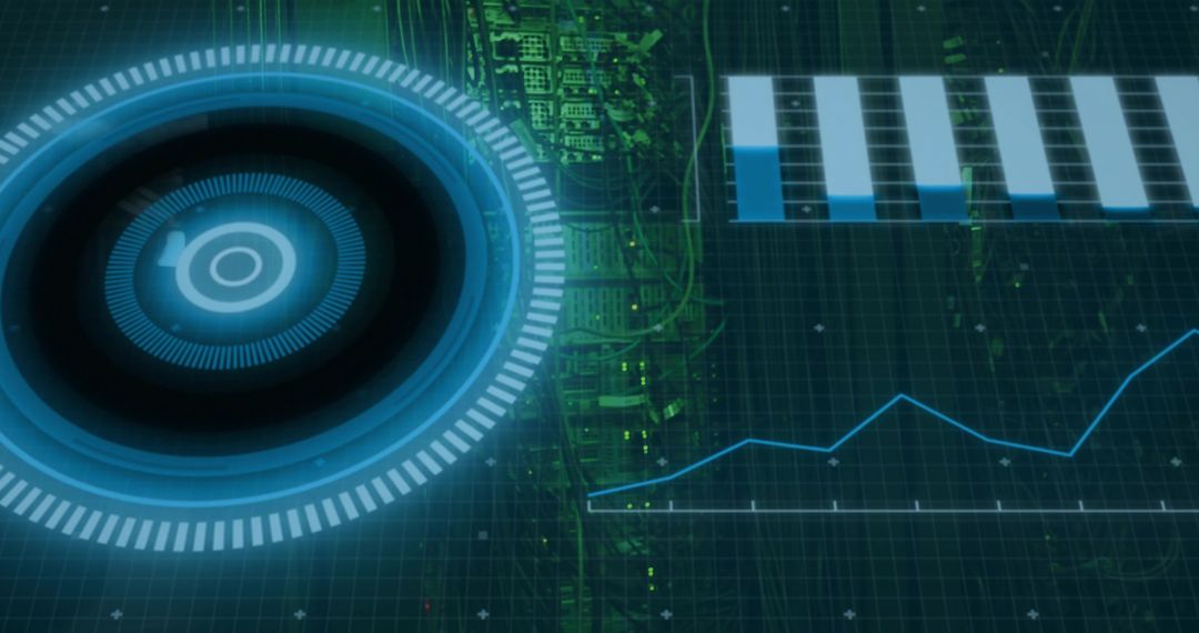 Displaying Futuristic Holographic HUD Dashboard with Radial Scanner and Data Charts