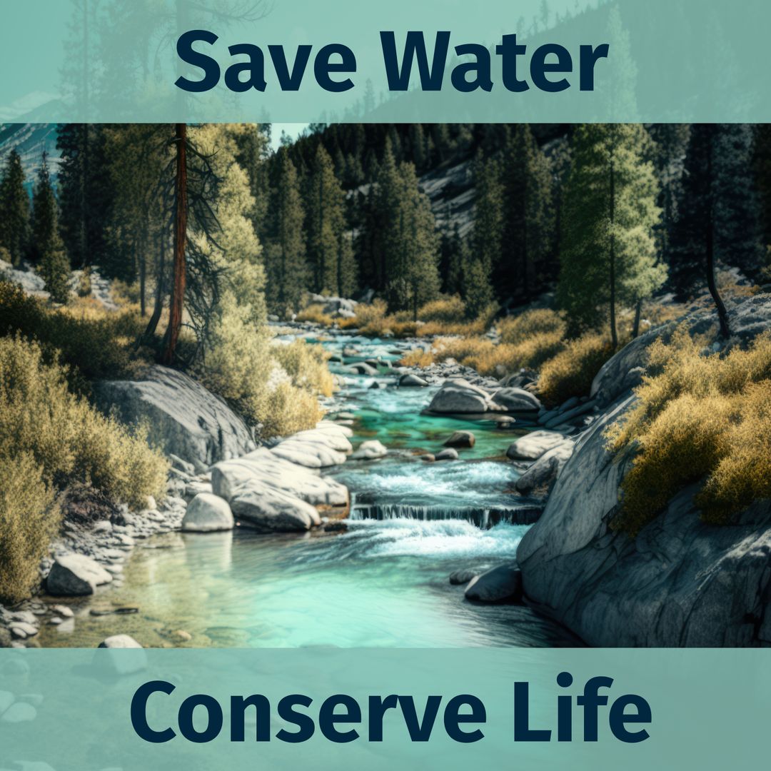 Serene Mountain Stream with Save Water Message