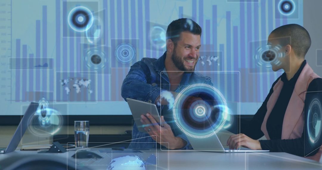 Business Team Analyzing Augmented Reality Data in Modern Office