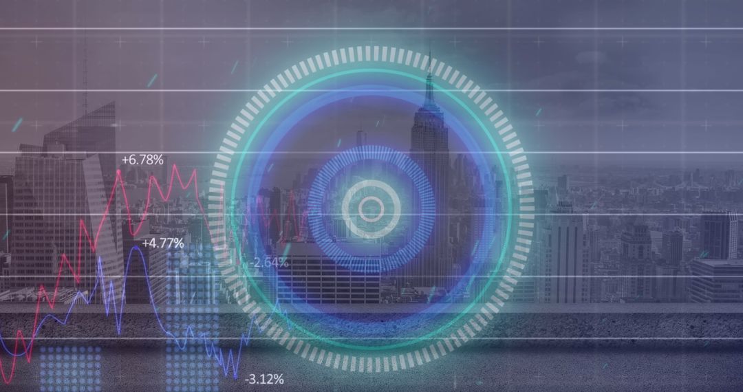 Futuristic Cityscape with Digital Graph and Virtual Interface