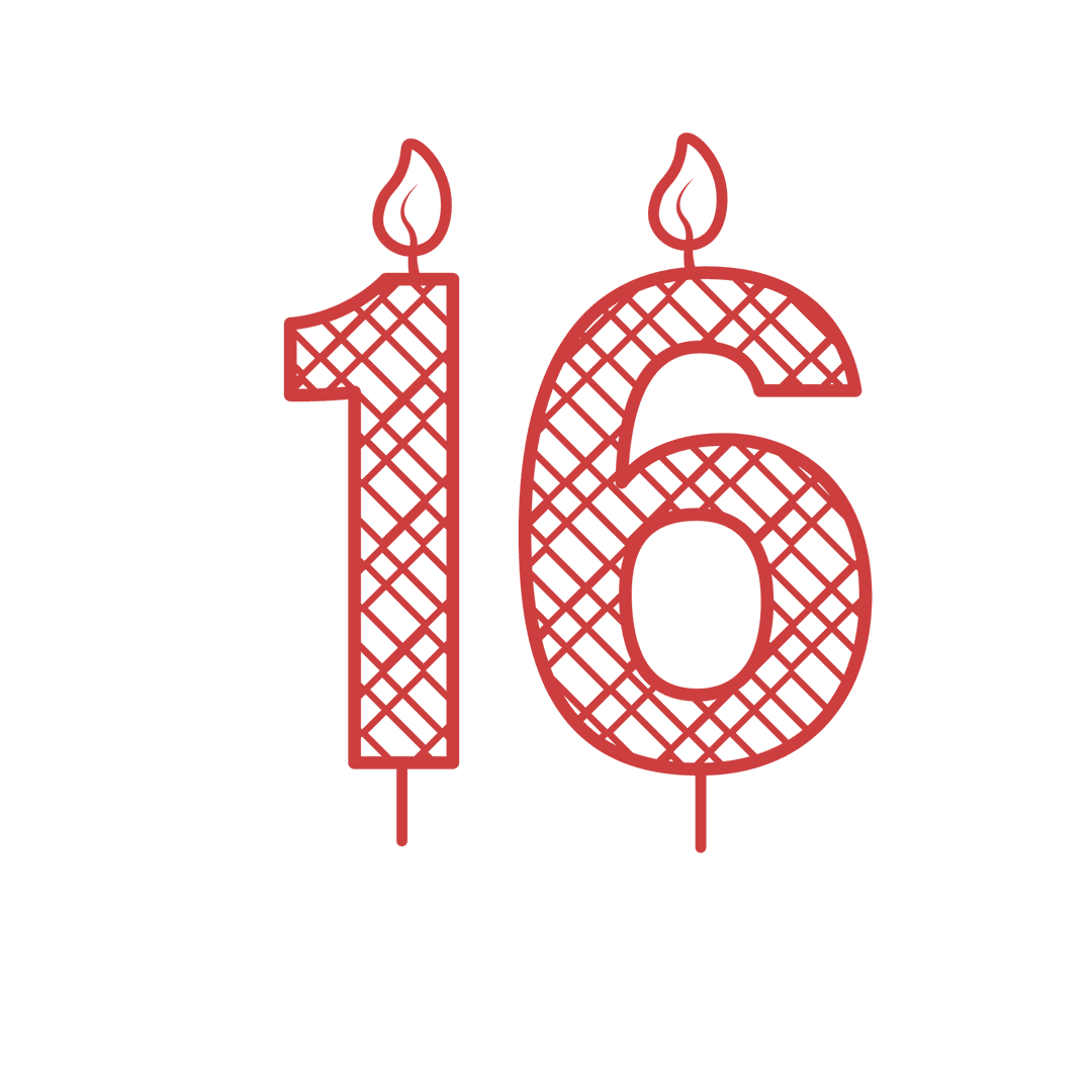 Stylish Red Birthday Candle Number 16 on Transparent Background
