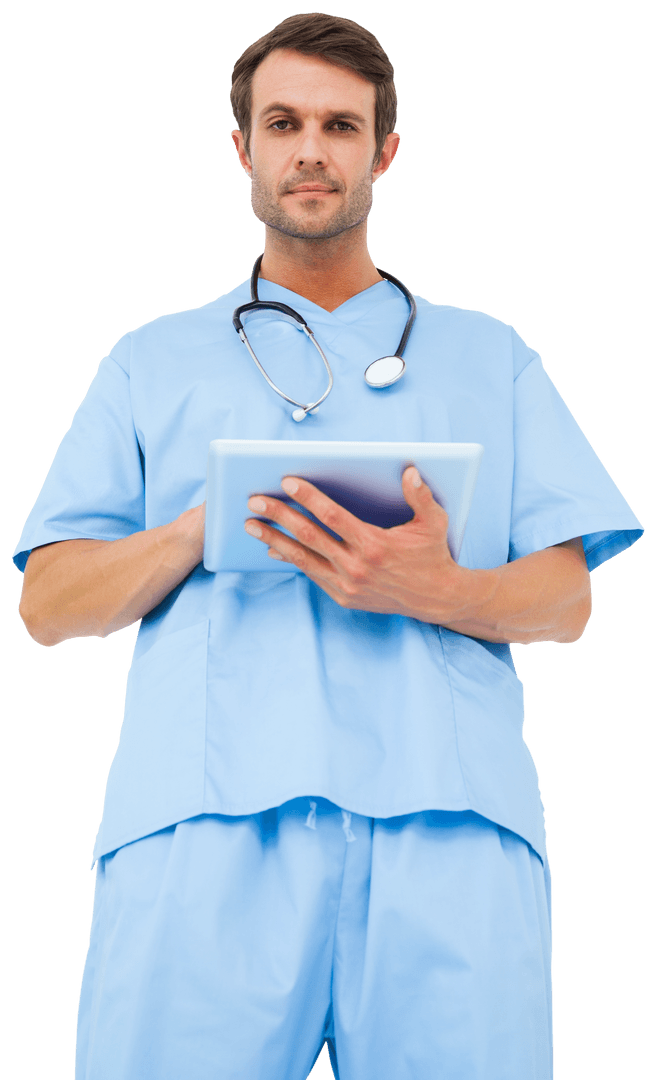 Transparent Doctor Holding Tablet with Stethoscope