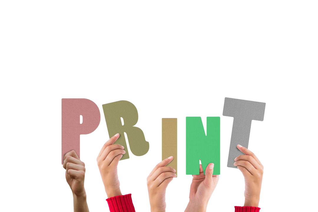 Hands Raising Colored Print Letters on Transparent Background