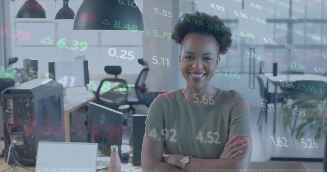 Smiling Businesswoman at Desk with Digital Finance Overlay in Modern Office