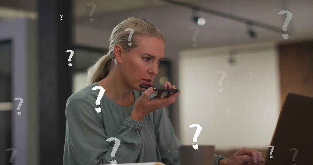 Confused Businesswoman Consulting Smartphone for Answers in Office