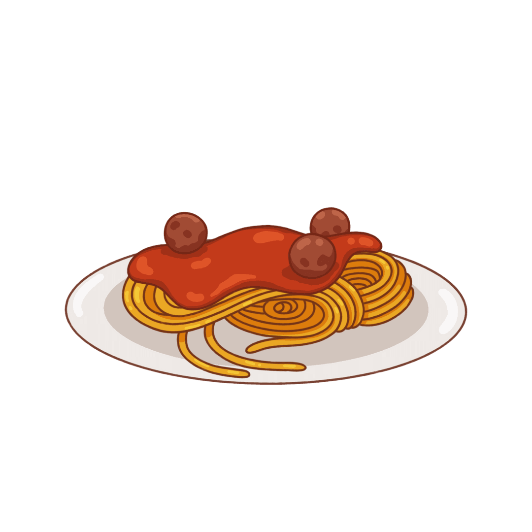 Cartoon Spaghetti and Meatballs with Tomato Sauce on Transparent Background
