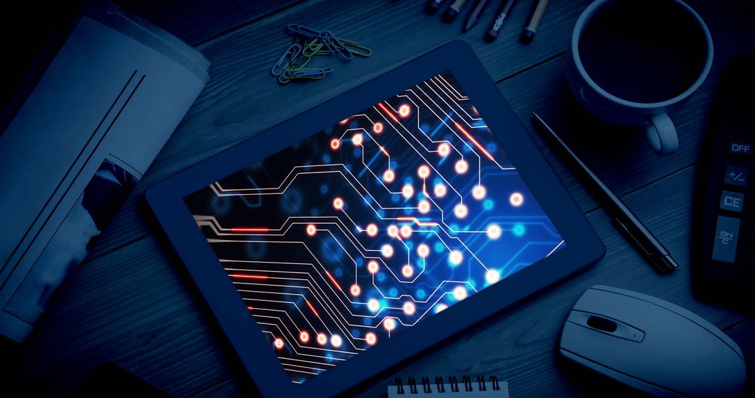 Tablet Displaying Data Processing Graphics in Office Setting