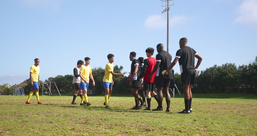 Pre-Match Handshake Among Multicultural Soccer Players on Field