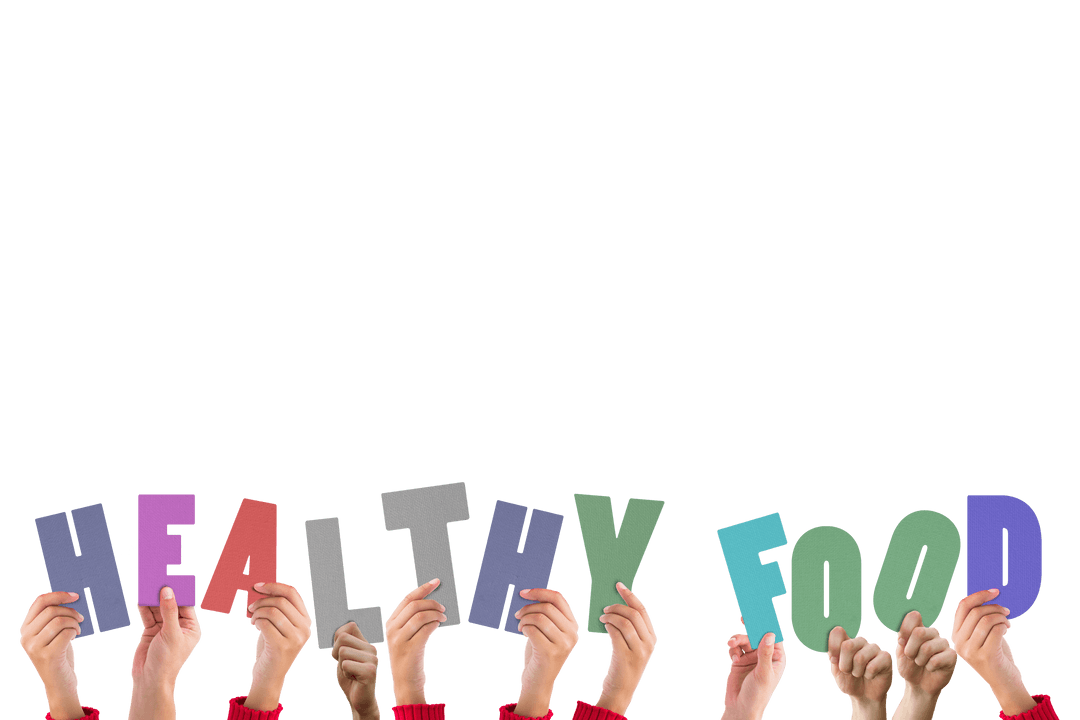 Transparent Diverse Hands Holding Healthy Food Letters