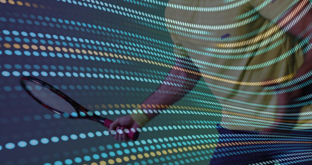 Male Tennis Player Holding Racket Under Abstract Dotted Light Projection in Teal Blue