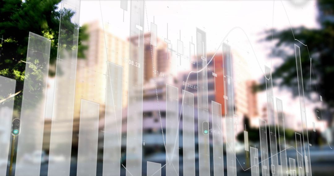 Digital Financial Graphs Overlaying Cityscape Symbolizing Business Growth