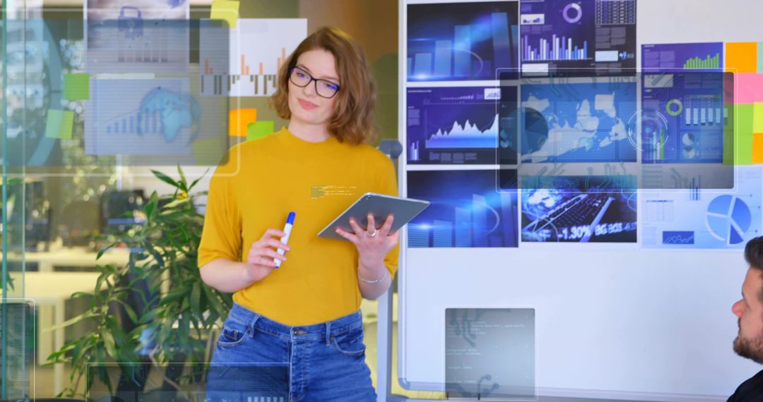 Professional Woman Presenting Data Analytics Solutions in Modern Office