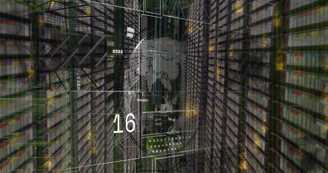 Digital Interface with Globe in Server Room Reflecting Global Technology