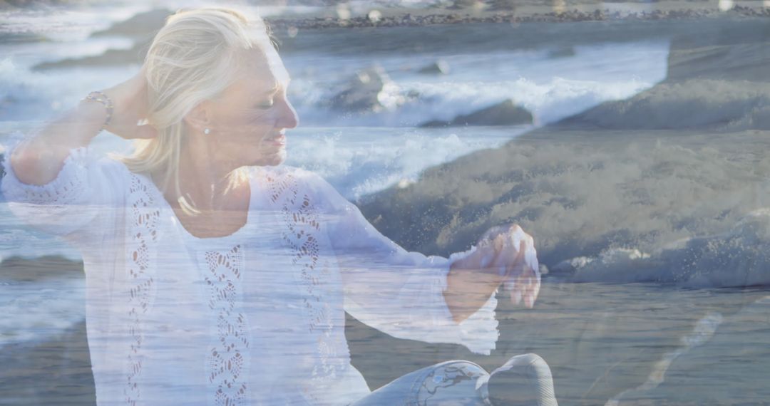 Double Exposure of Ocean Waves and Contemplative Woman with Prosthetic Leg