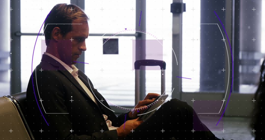 Businessman Working at Airport with Digital Data Overlay