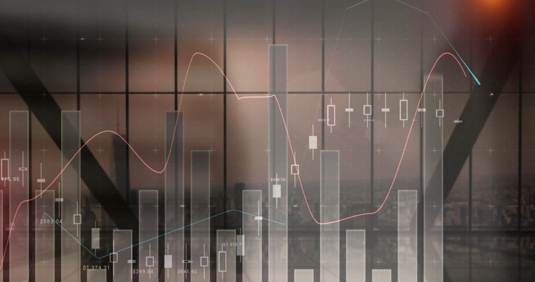 Digital Financial Graphs Over Cityscape Illustration