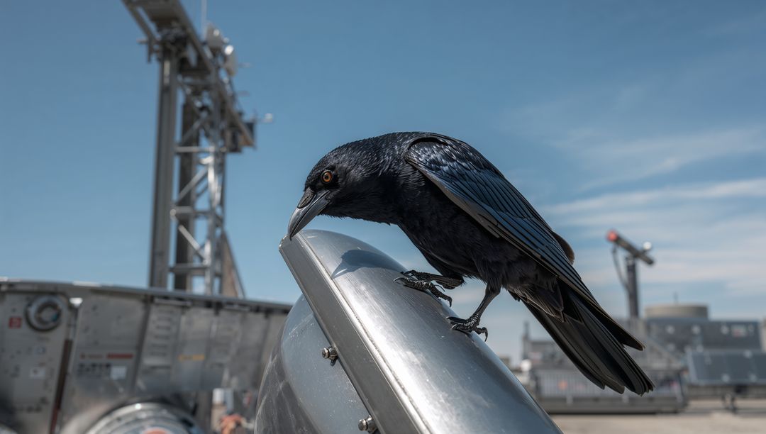 Iridescent black crow perching on stainless steel rooftop rail showing metallic sheen