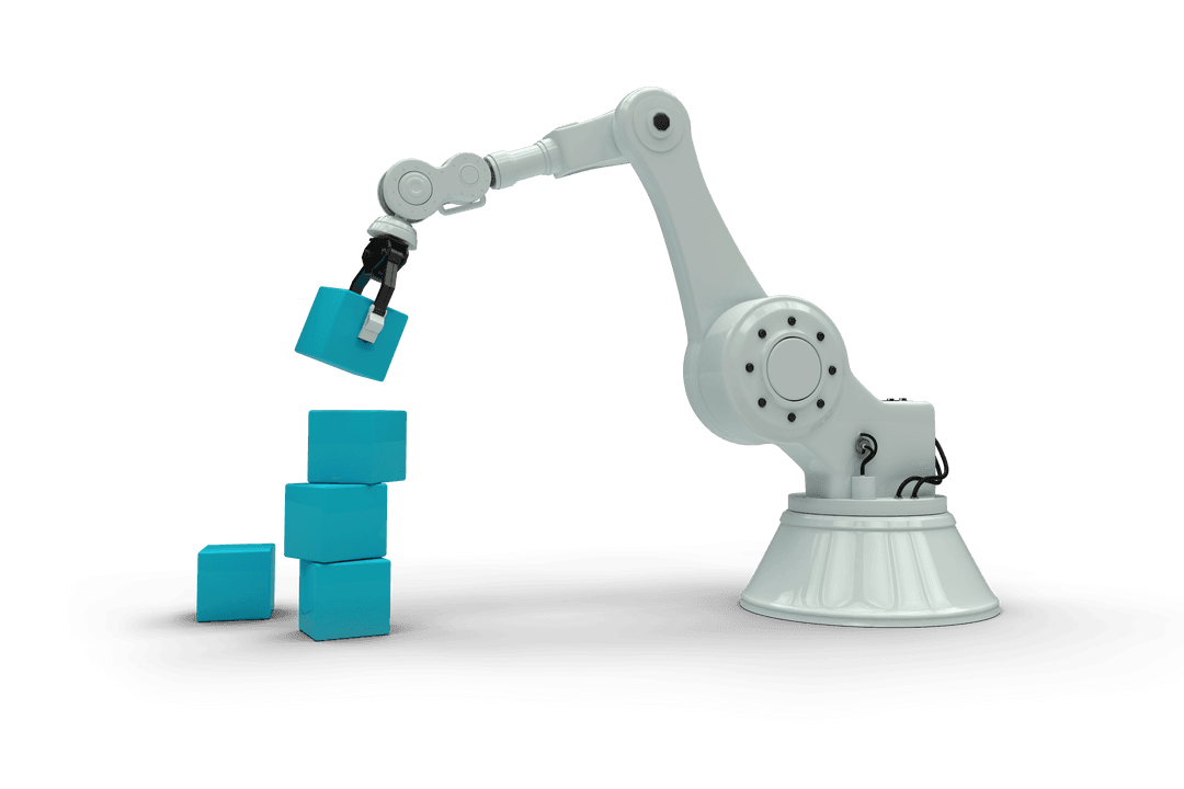Transparent Robotic Arm Handling Blue Boxes with Precision