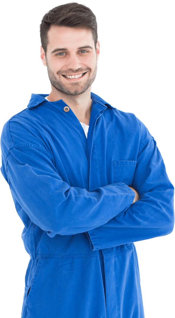 Transparent Mechanic Standing with Arms Crossed Smiling in Blue Overalls