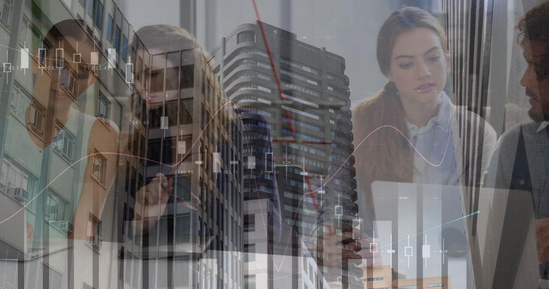 Global Business Minds Analyzing Data Overlayed on Urban Skyscrapers