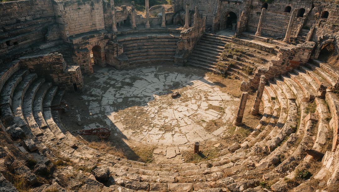 Sunlit Ancient Amphitheater Featuring Cracked Orchestra, Concentric Seating and Weathered Columns