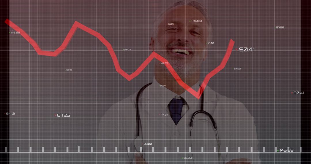 Smiling Doctor with Overlay of Declining Financial Data Graph