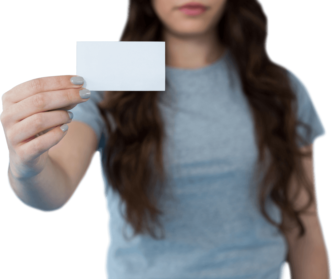 Caucasian woman holding blank business card transparent background