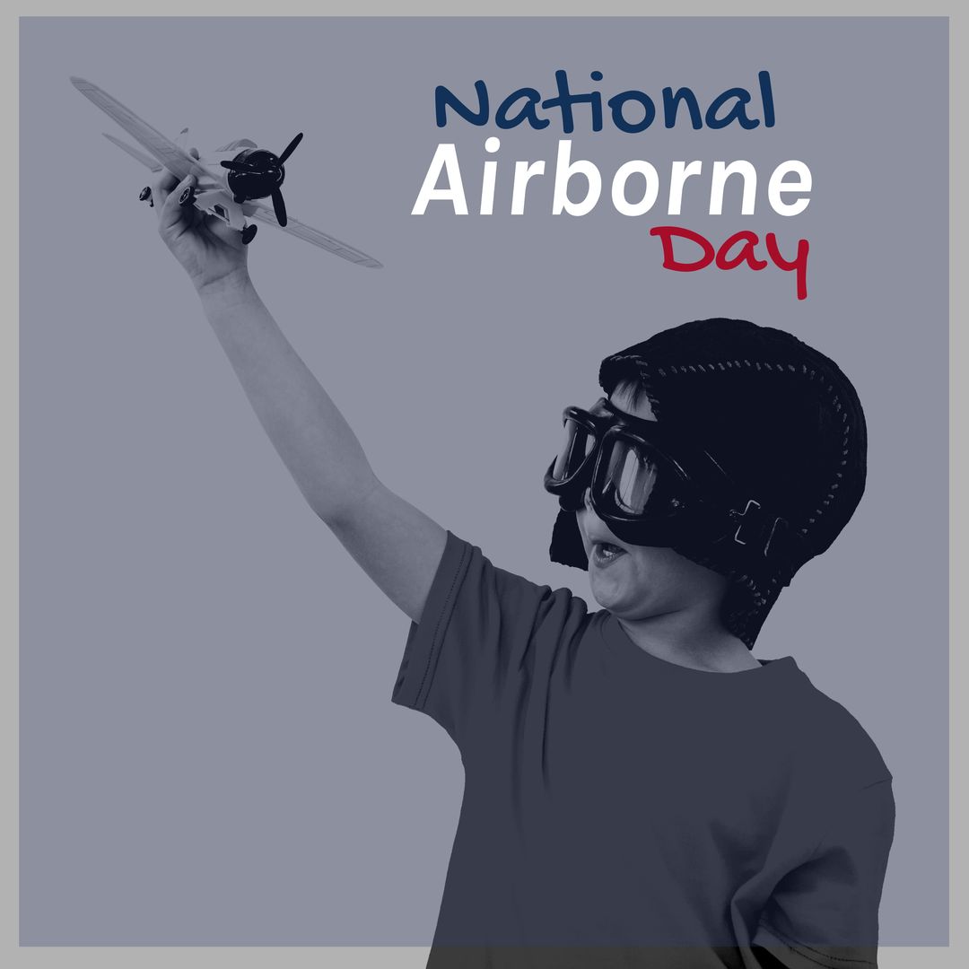 Digital composite image of boy wearing helmet, playing airplane toy with national airborne day text - Download Free Stock Templates Pikwizard.com