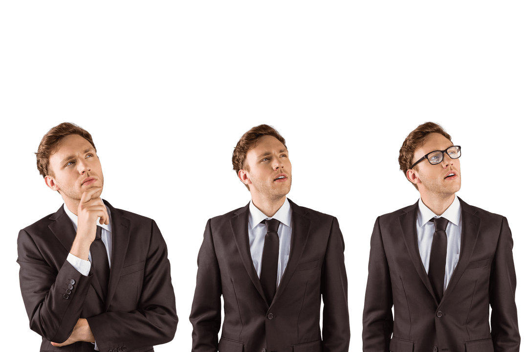 Caucasian Businessmen Looking Up Exhibiting Different Expressions Transparent Background