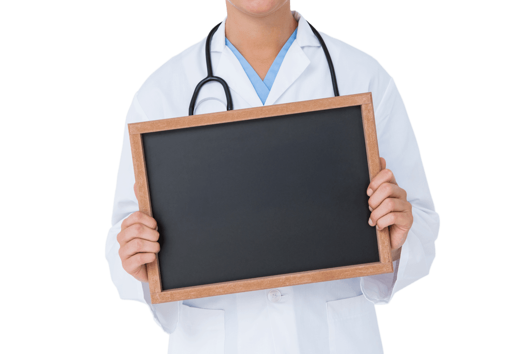 Transparent Doctor Holding Blank Chalkboard for Custom Messages