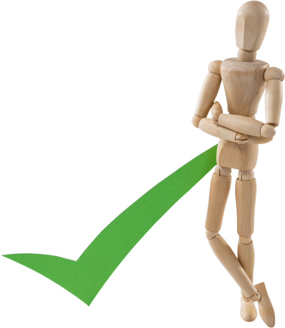 Wooden Manikin with Green Check Mark on Transparent Background