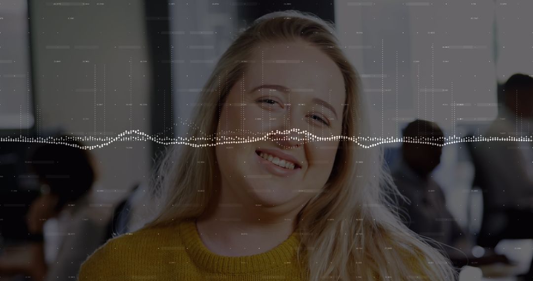 Smiling Professional Woman in Modern Office with Audio Waveform Overlay