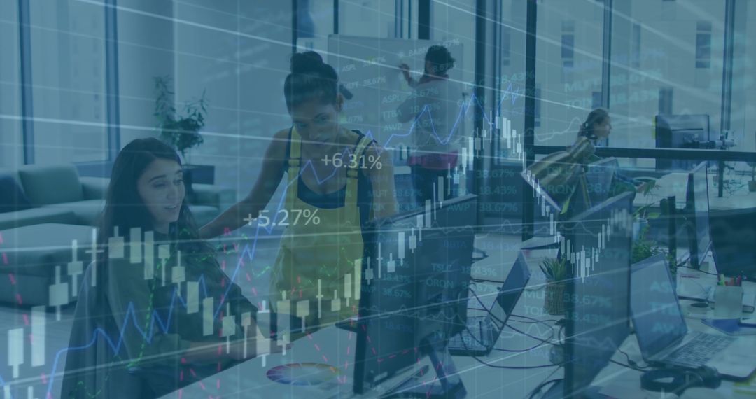 Modern Office Collaboration with Financial Insights Overlay