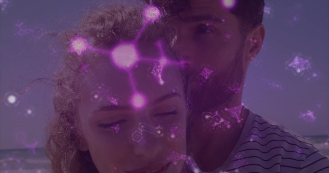 Couple Embracing on Beach with Digital Overlay