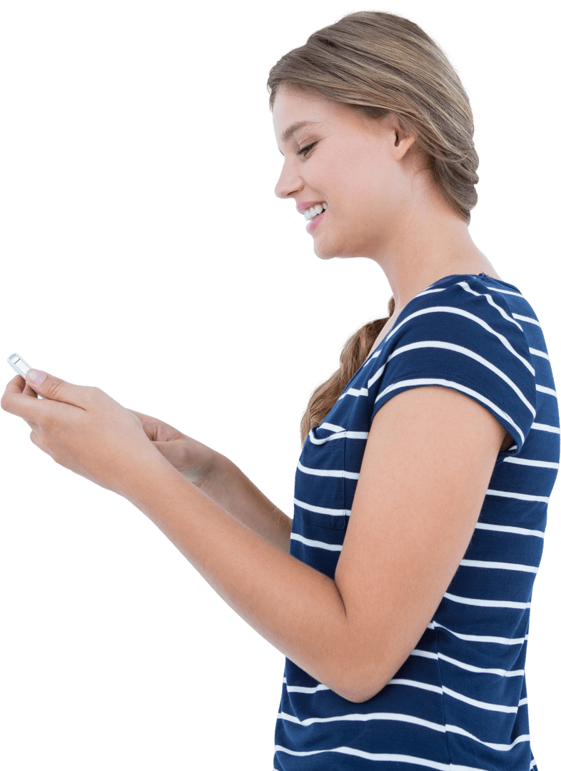 Young Woman Smiling While Texting on Smartphone Transparent Background