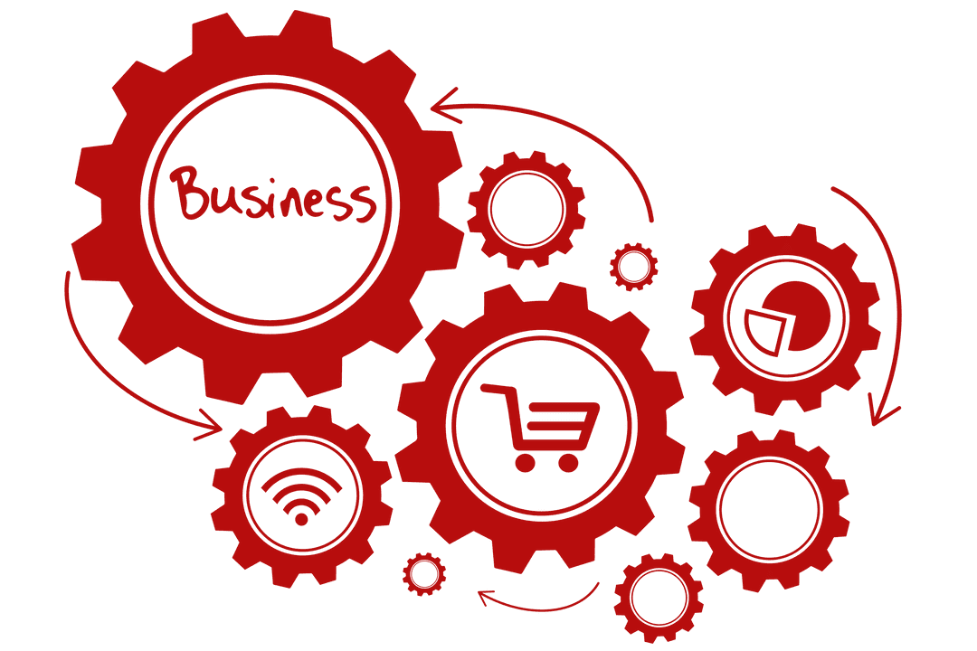 Red Gear Icons Illustrating Business and Workflow on Transparent Background
